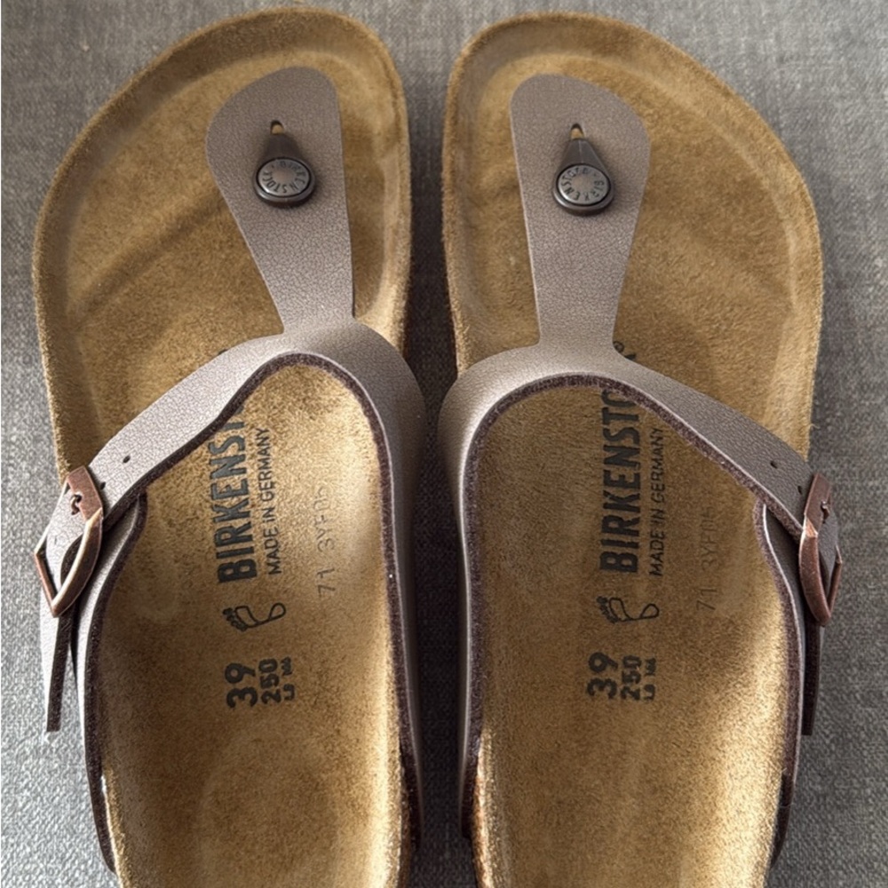 Birkenstock Taupe and Brown Thong Sandals